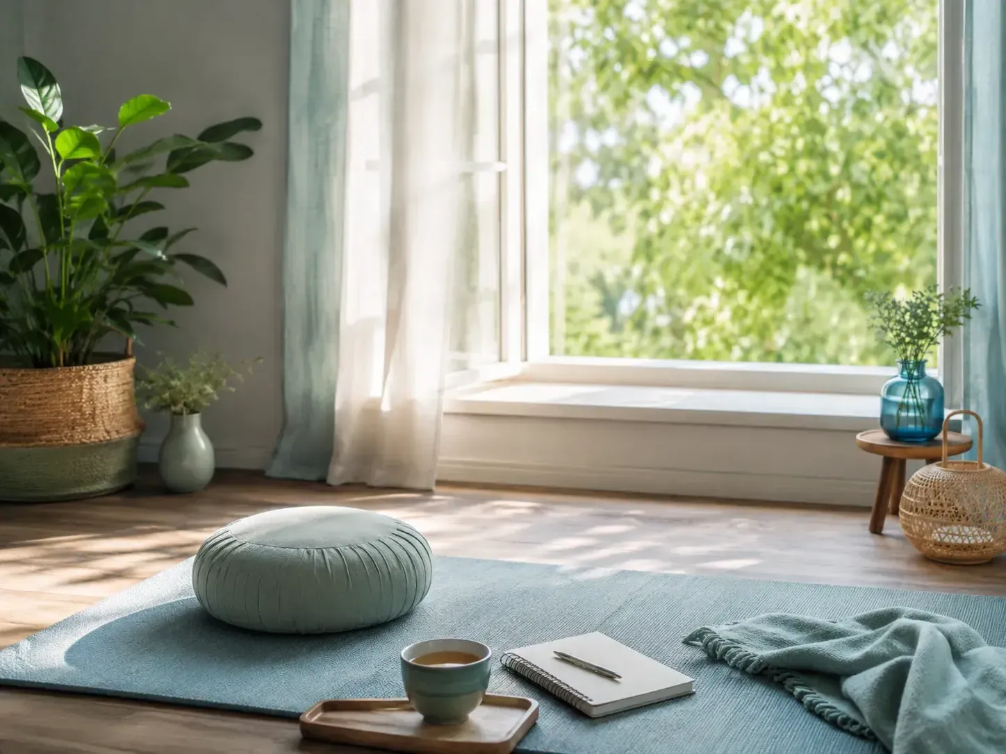 Pièce calme et lumineuse : coussin, tapis, tasse de thé et carnet devant une fenêtre ouverte sur des arbres